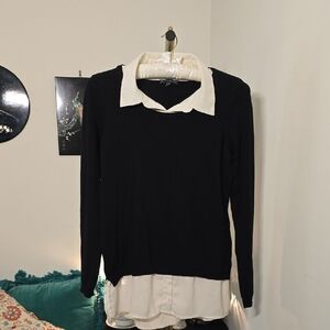 Adrianna Papell Faux Layered Black Sweater with White Sheer Collar And Hem